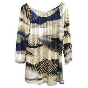 Natori Cream Blue Black Abstract Stripe Tunic Top Size M Elastic Neck Long Slv